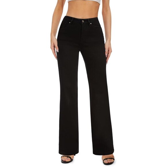 Women's High Waist Wide Leg Stretch Denim Jeans Black 2 Short Comfortable
